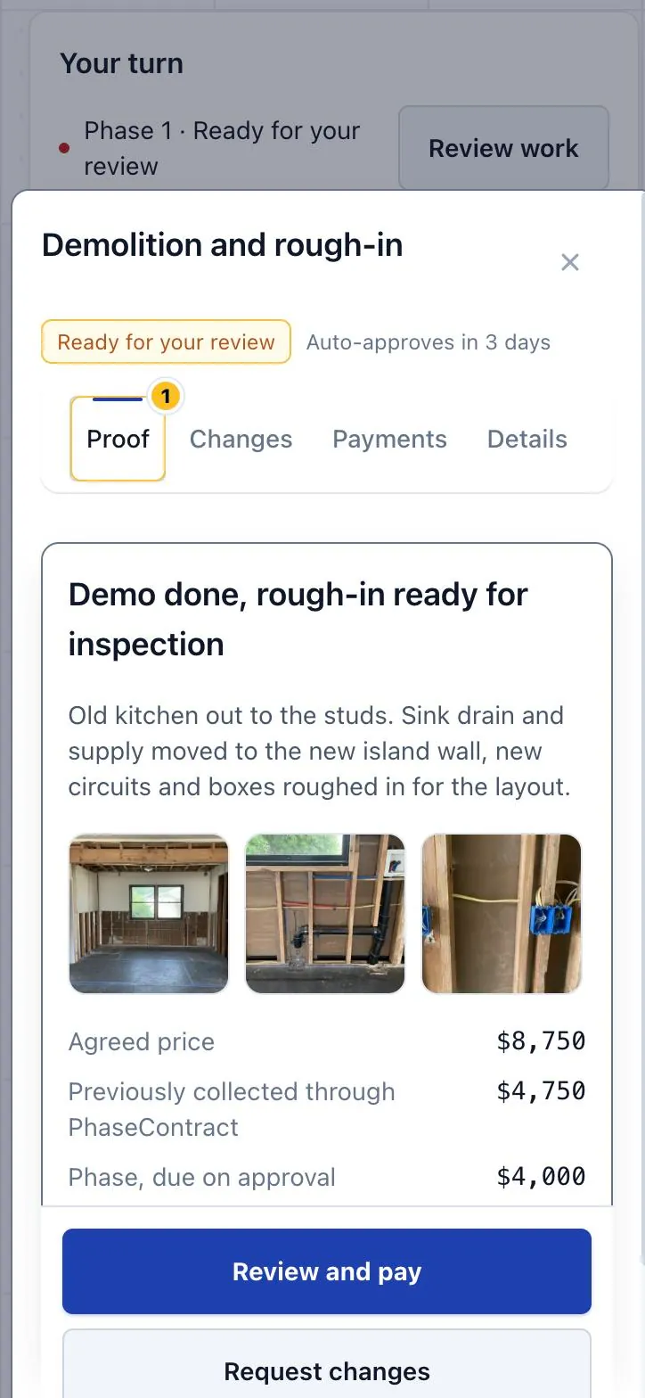 Client’s review of Demolition and rough-in: ready for review, auto-approves in 3 days, the contractor’s note and three rough-in photos, and the phase price.