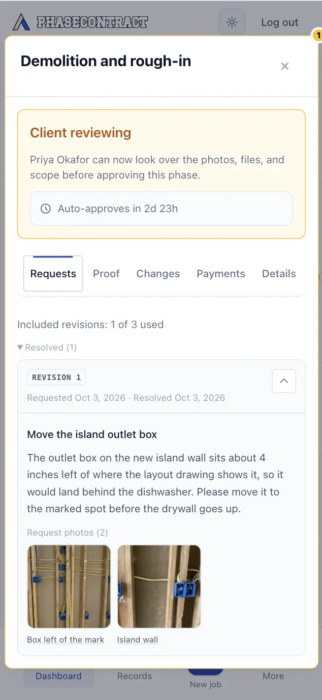 Contractor’s phone, the Demolition and rough-in phase window, Requests: client reviewing again, included revisions 1 of 3 used, and revision 1, “Move the island outlet box”, requested and resolved on October 3 with the client’s two photos.