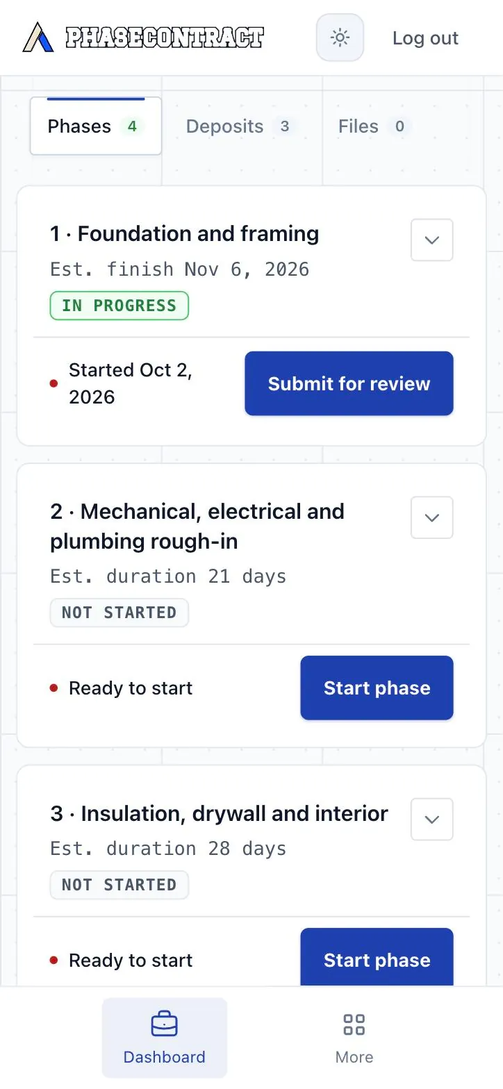 Foreman’s phone, two-story addition phases: Foundation and framing in progress with Submit for review, the next phases ready to start. No prices or payments are shown.