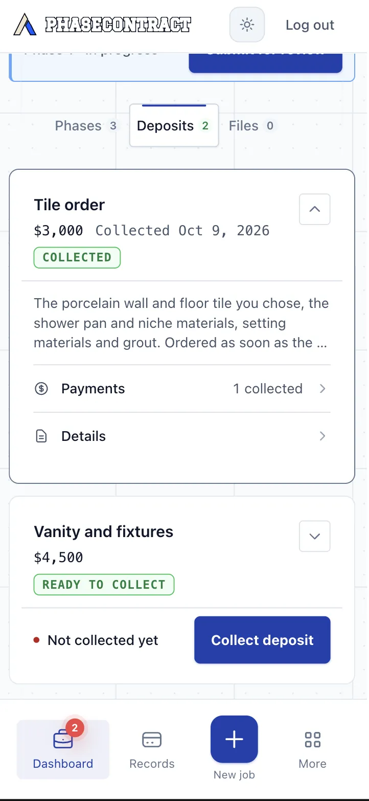 Bathroom remodel deposits: the $3,000 tile order, collected October 9, with what it pays for; the $4,500 vanity and fixtures deposit ready to collect.