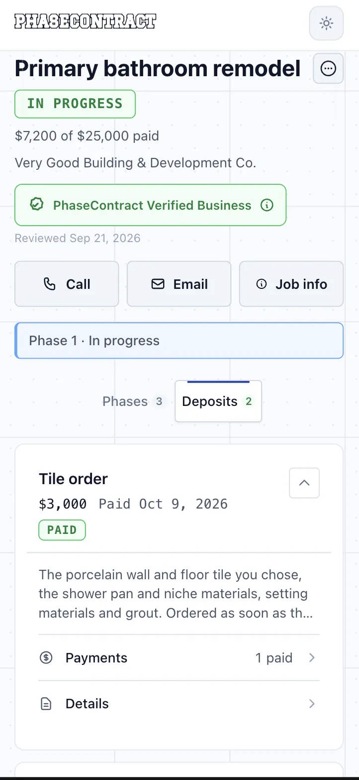 Client’s view of the deposits: the $3,000 tile order, paid October 9, with what it pays for.