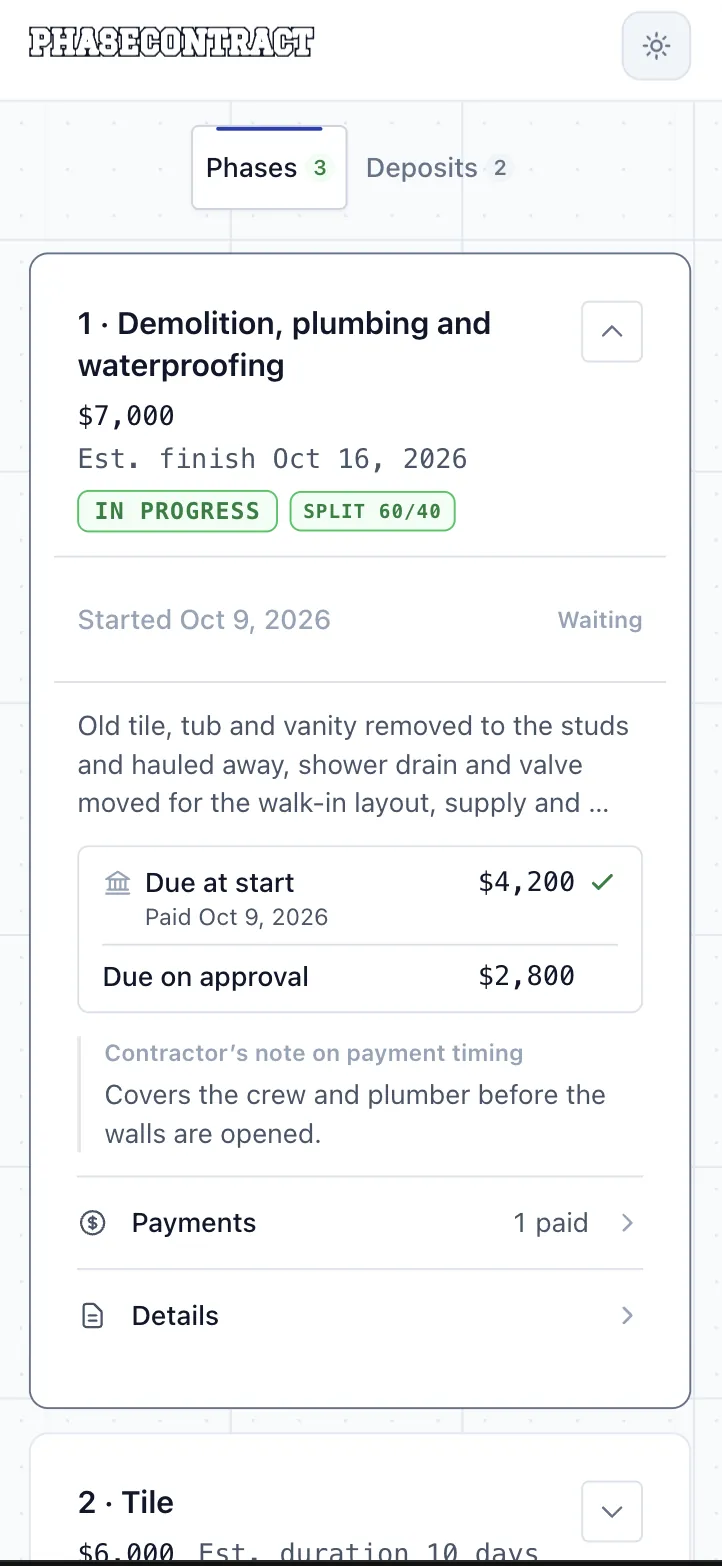 Client’s view of phase 1, Demolition, plumbing and waterproofing: in progress, Split 60/40, $4,200 due at start paid October 9, $2,800 due on approval, and the contractor’s note on the timing.