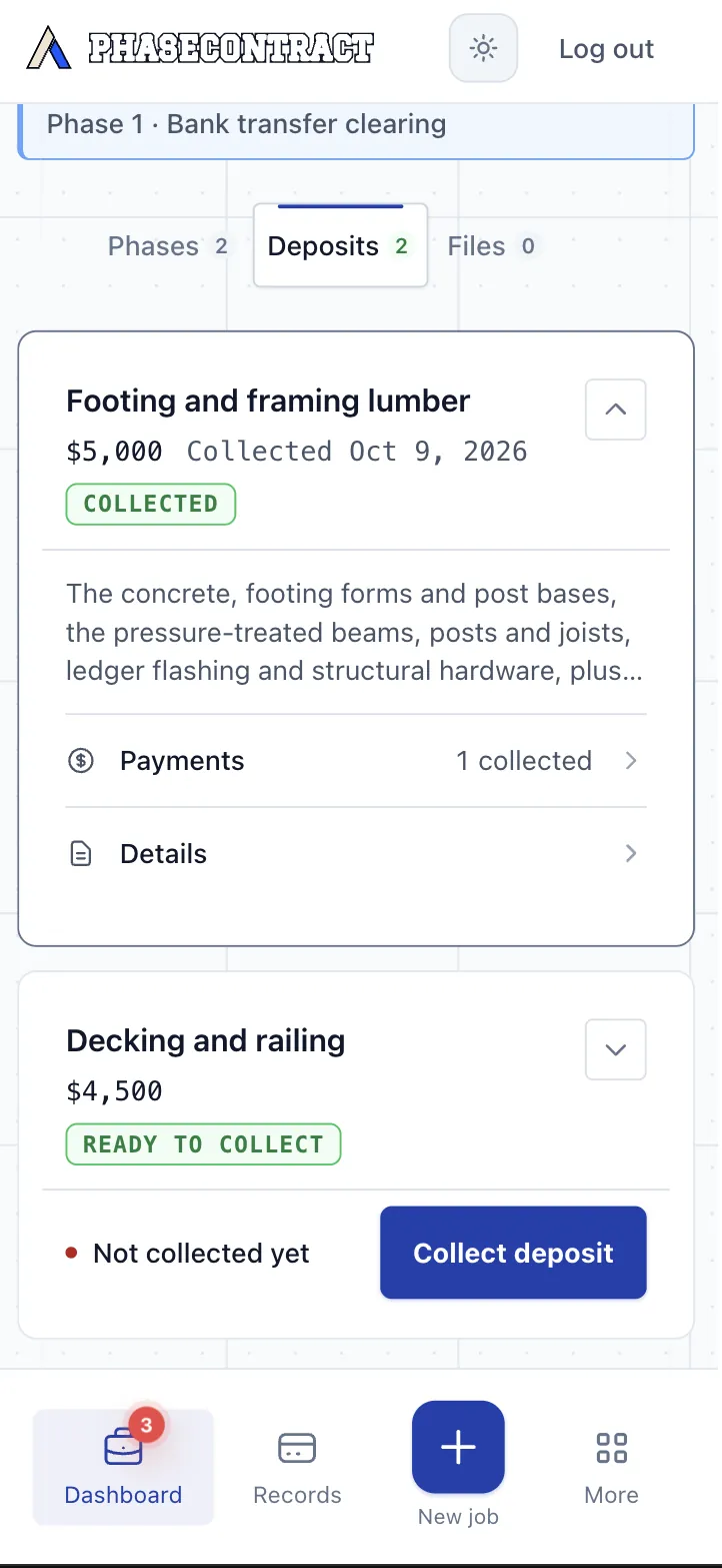 Deck build deposits: the $5,000 footing and framing lumber, collected October 9, with what it pays for; the $4,500 decking and railing deposit ready to collect.