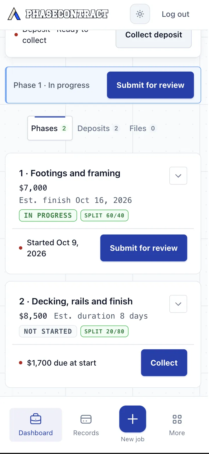Deck build phases: Footings and framing in progress with Submit for review; Decking, rails and finish, $8,500, Split 20/80, with $1,700 due at start and a Collect button.