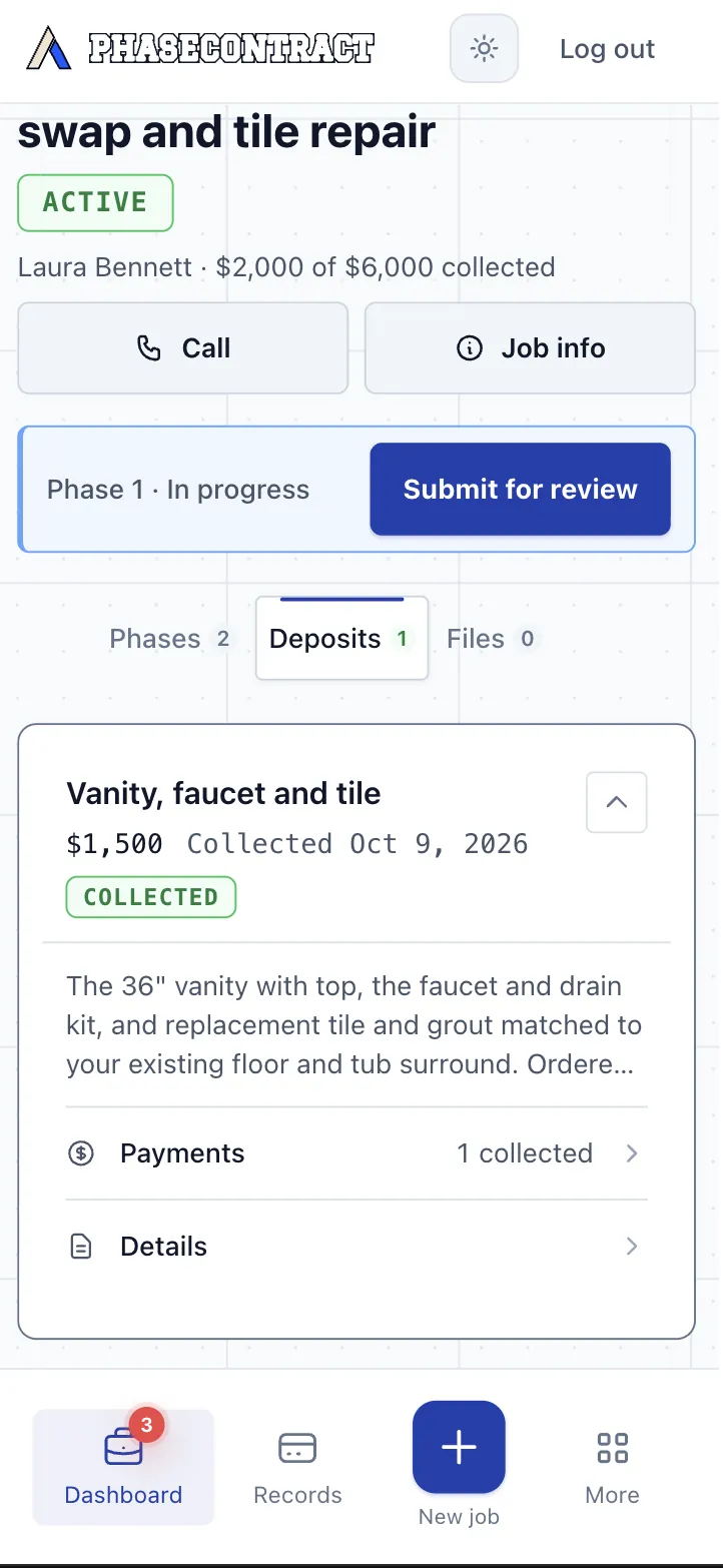 Guest bath vanity swap and tile repair, $2,000 of $6,000 collected: the $1,500 vanity, faucet and tile deposit, collected October 9, with what it pays for.
