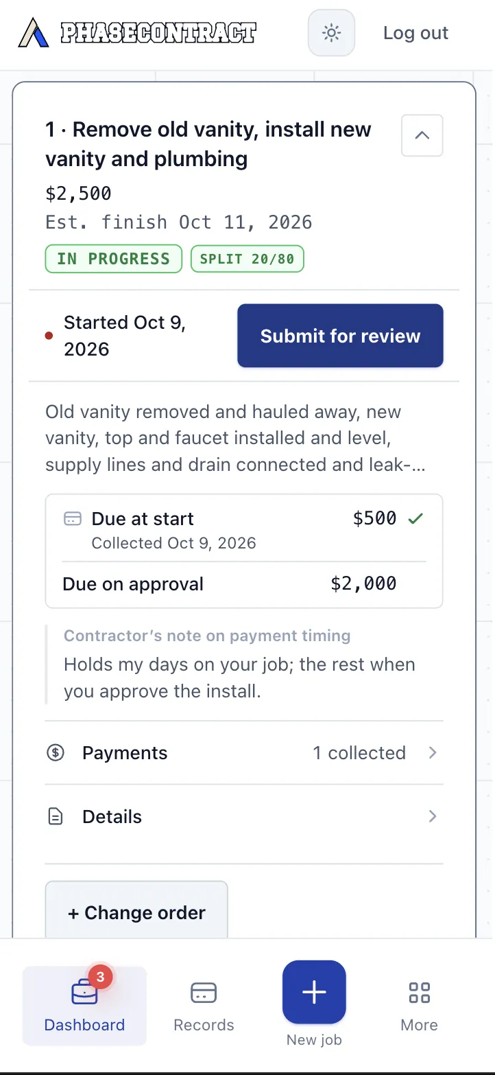 Contractor’s phone, handyman job phase 1, Remove old vanity, install new vanity and plumbing: $2,500, Split 20/80, in progress since October 9, with $500 due at start collected, $2,000 due on approval, and the contractor’s note that it holds the days on the job.