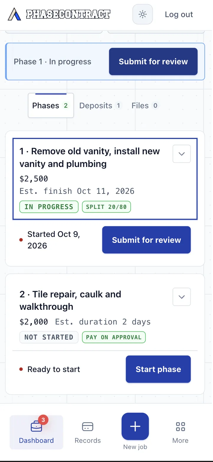 Handyman job phases: phase 1 in progress with Submit for review; phase 2, Tile repair, caulk and walkthrough, $2,000, pay on approval, ready to start.