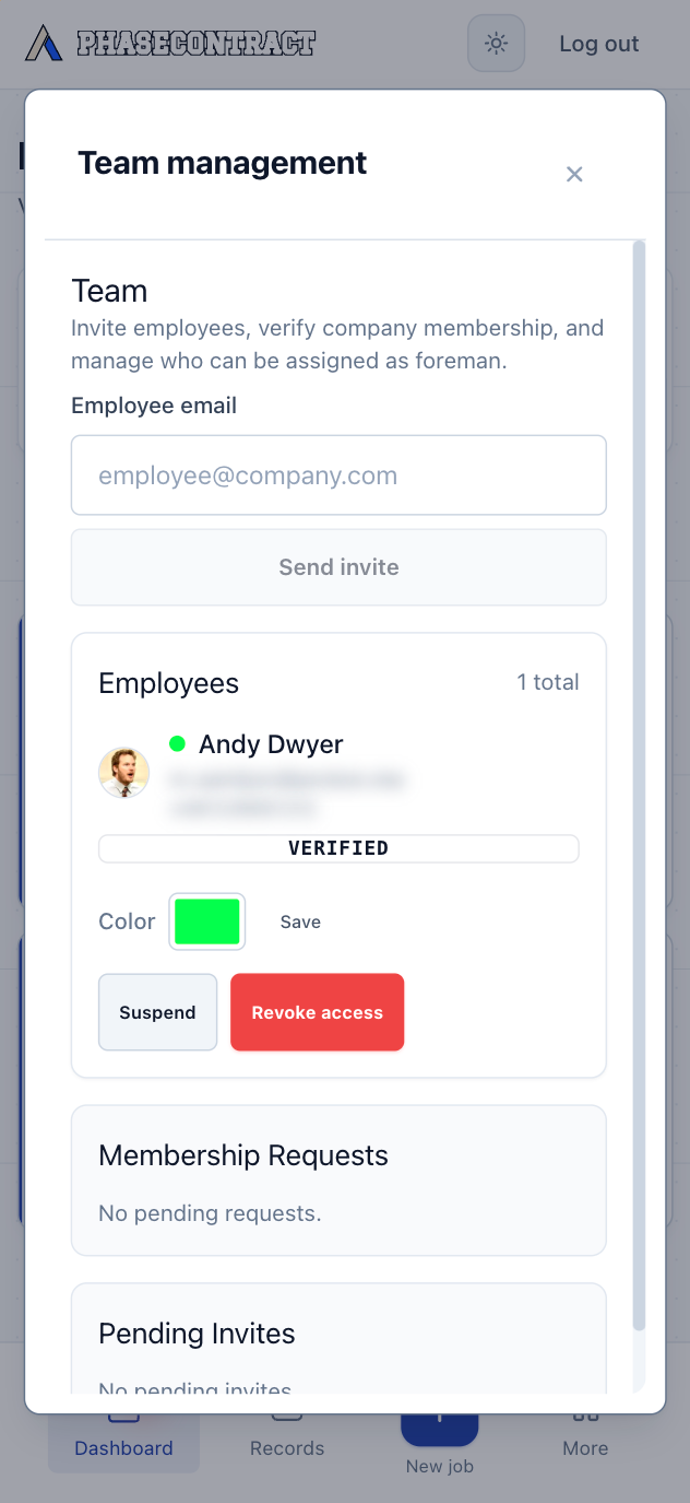 Owner’s phone, Team management: an employee email field with Send invite, and Andy Dwyer listed as a verified employee with a color, Suspend and Revoke access.
