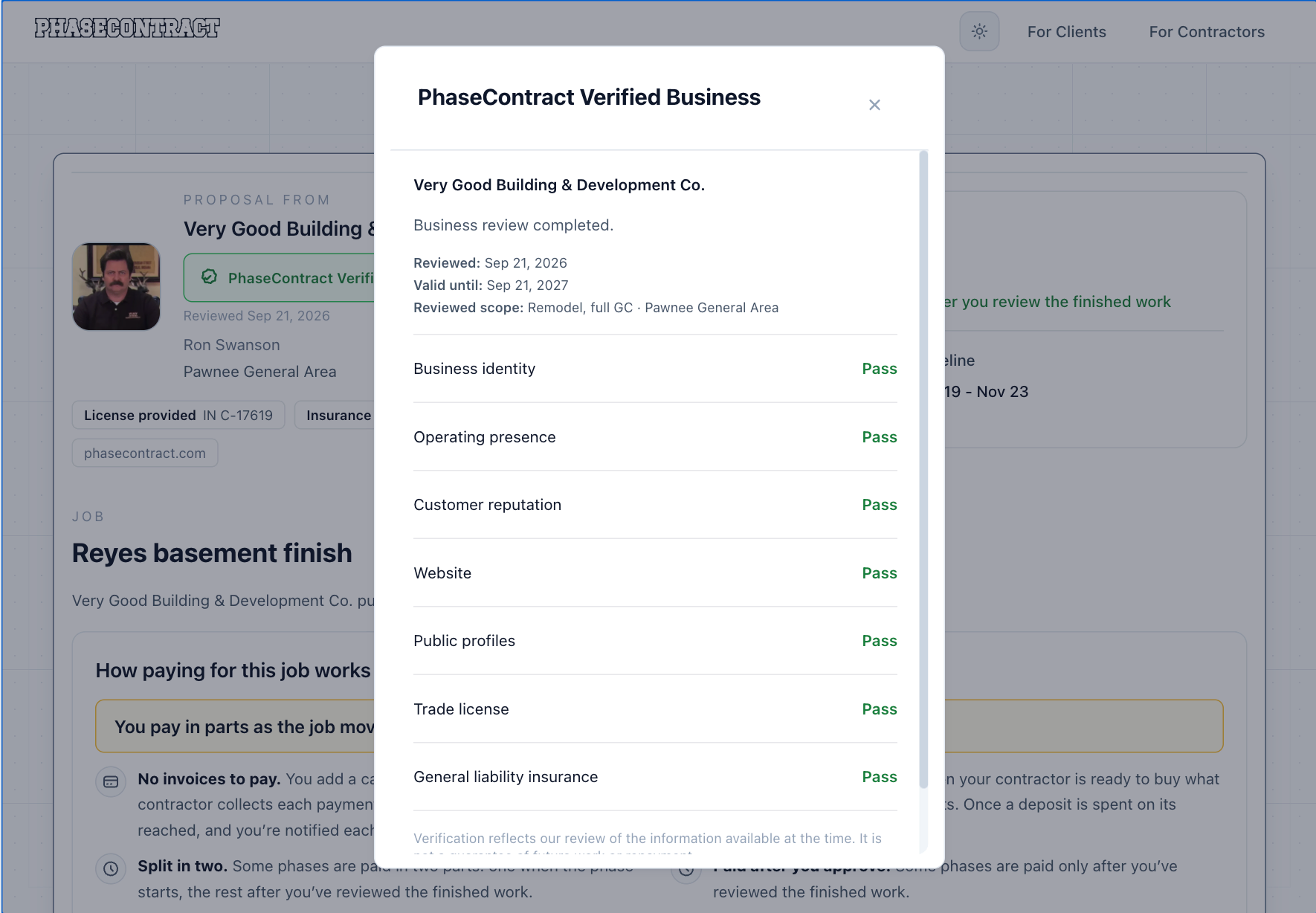 A client’s proposal on a tablet with the PhaseContract Verified Business details open: business review completed, reviewed Sep 21, 2026 and valid for a year, with Pass on business identity, operating presence, customer reputation, website, public profiles, trade license and general liability insurance.