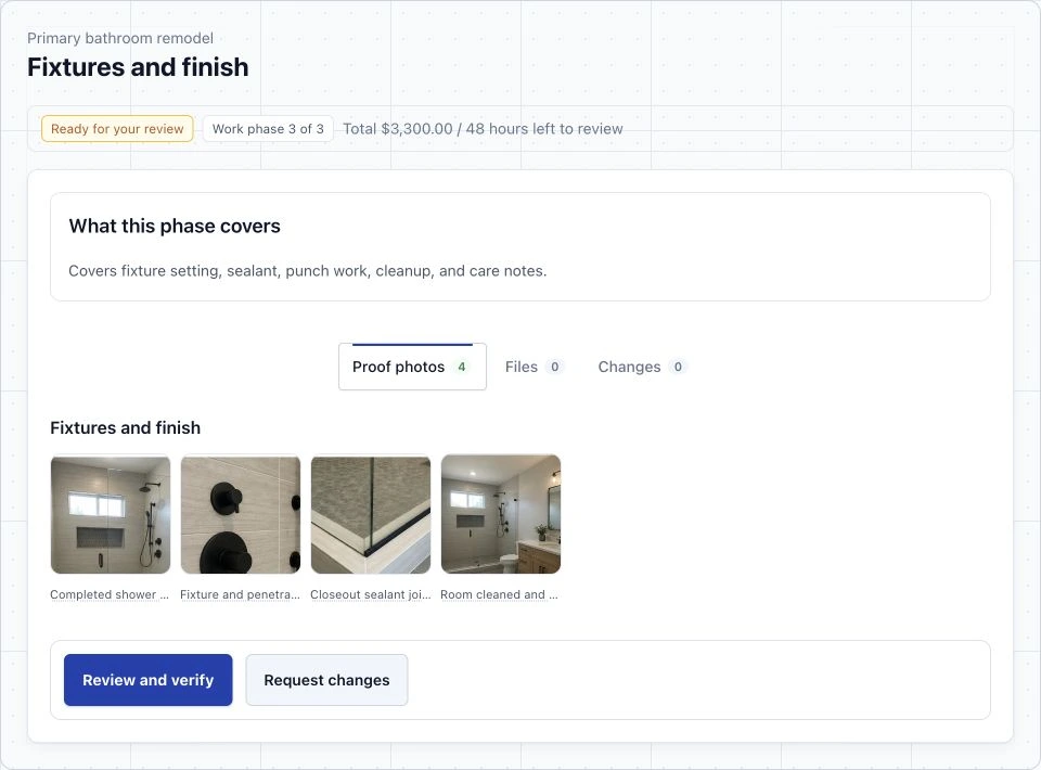 Client review of bathroom fixtures and finish, showing the agreed scope, submitted work photos, review time remaining and review or change actions.