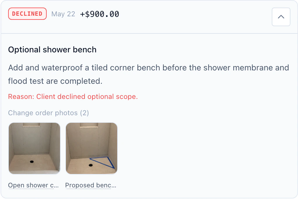 Declined $900 optional shower bench change order with its reason and reference photos attached to the bathroom phase.