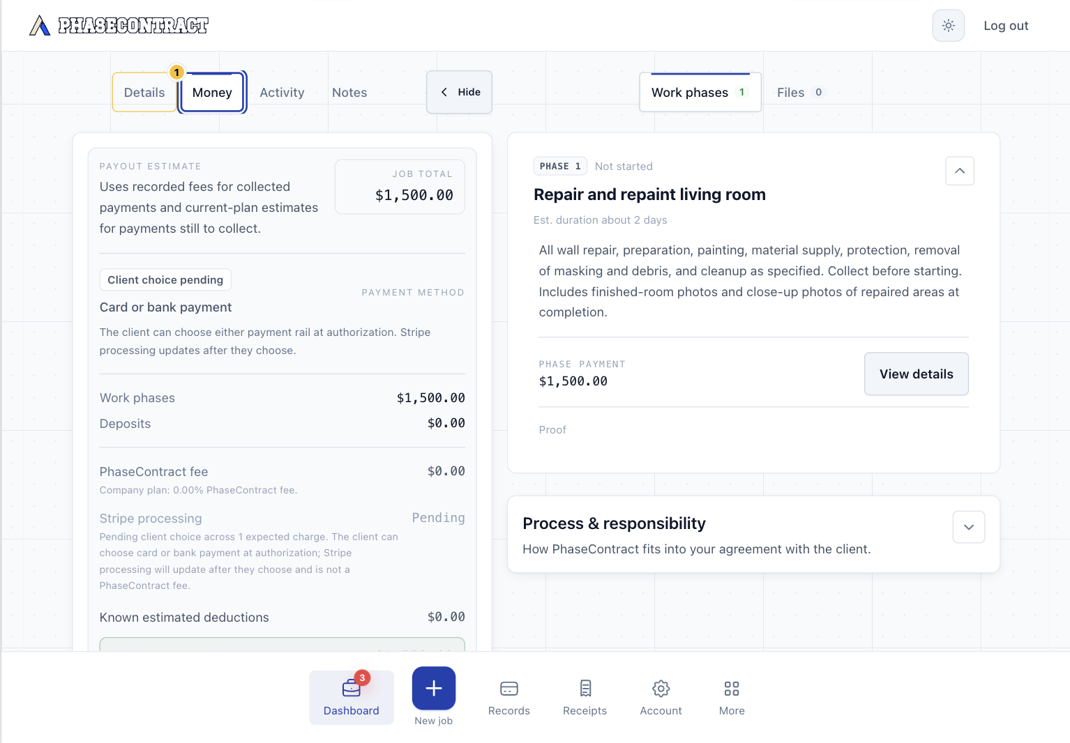 $1,500 job total with no deposits and client payment method still pending.